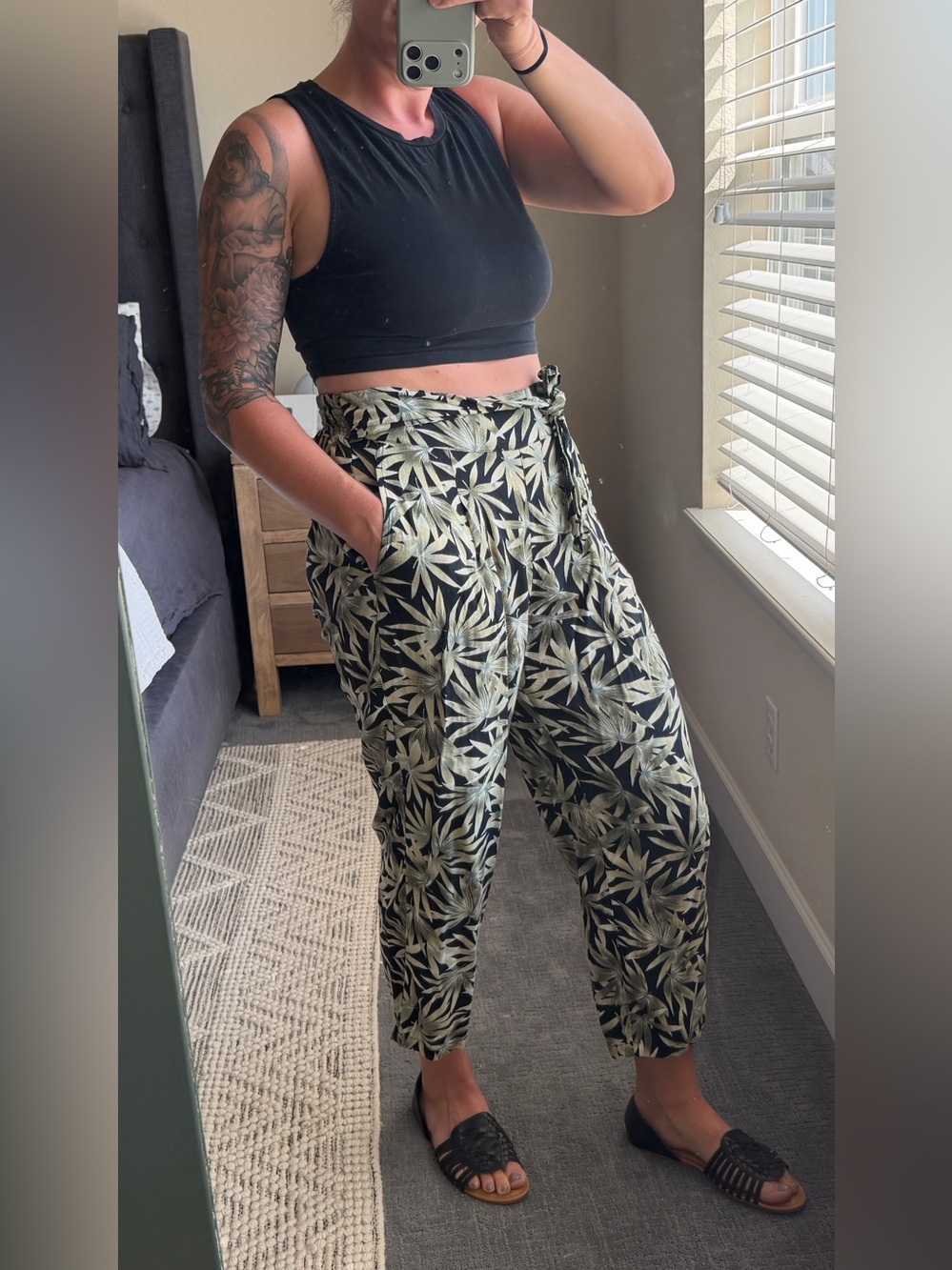 Volcom Tropical Palm Leaf Paperbag Tie Waist Tapered Beach Pants